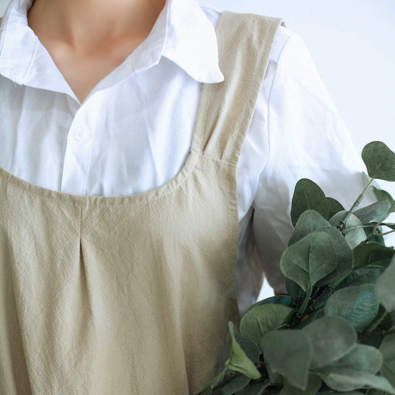 NEWGEM Japanese Linen Cross Back Kitchen Cooking Aprons for Women with Pockets Cute for Baking Painting Gardening Cleaning Khaki - Image 3